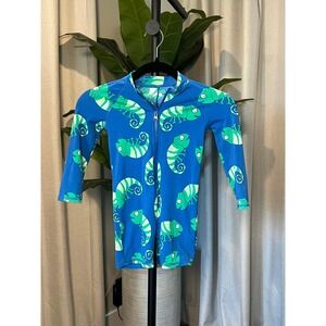 LANDDS END Kids Blue Green Chameleon Long Sleeve One Piece Rash Guard Swimsuit